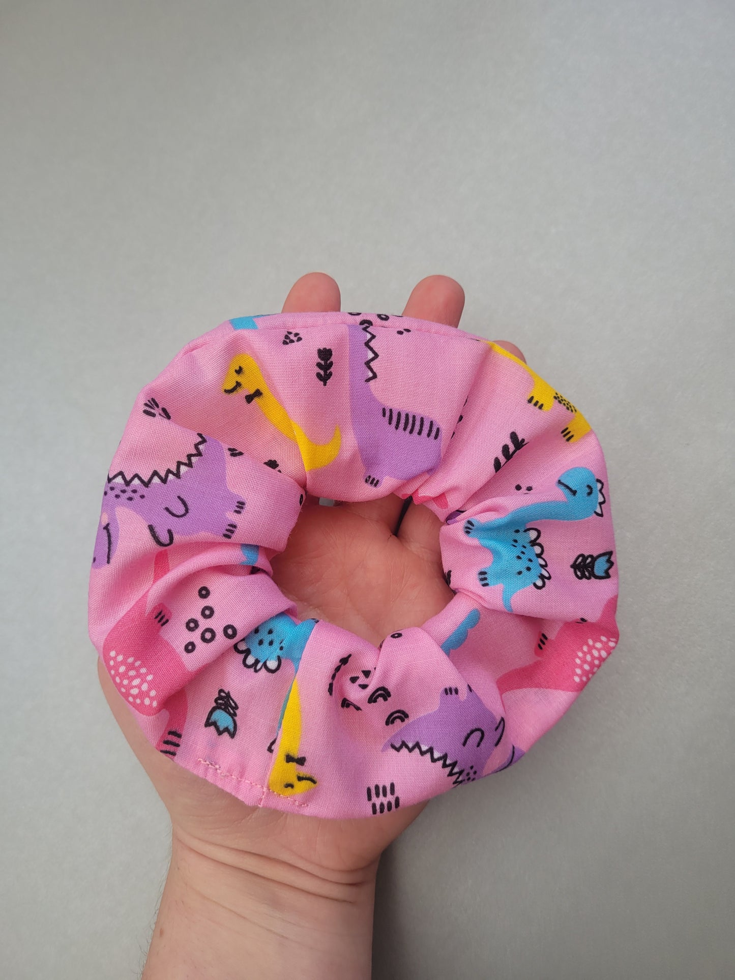 Pink Dinosaur pattern large scrunchie, Dinosaur themed elasticated hair accessory, funky dinosaurs for girls