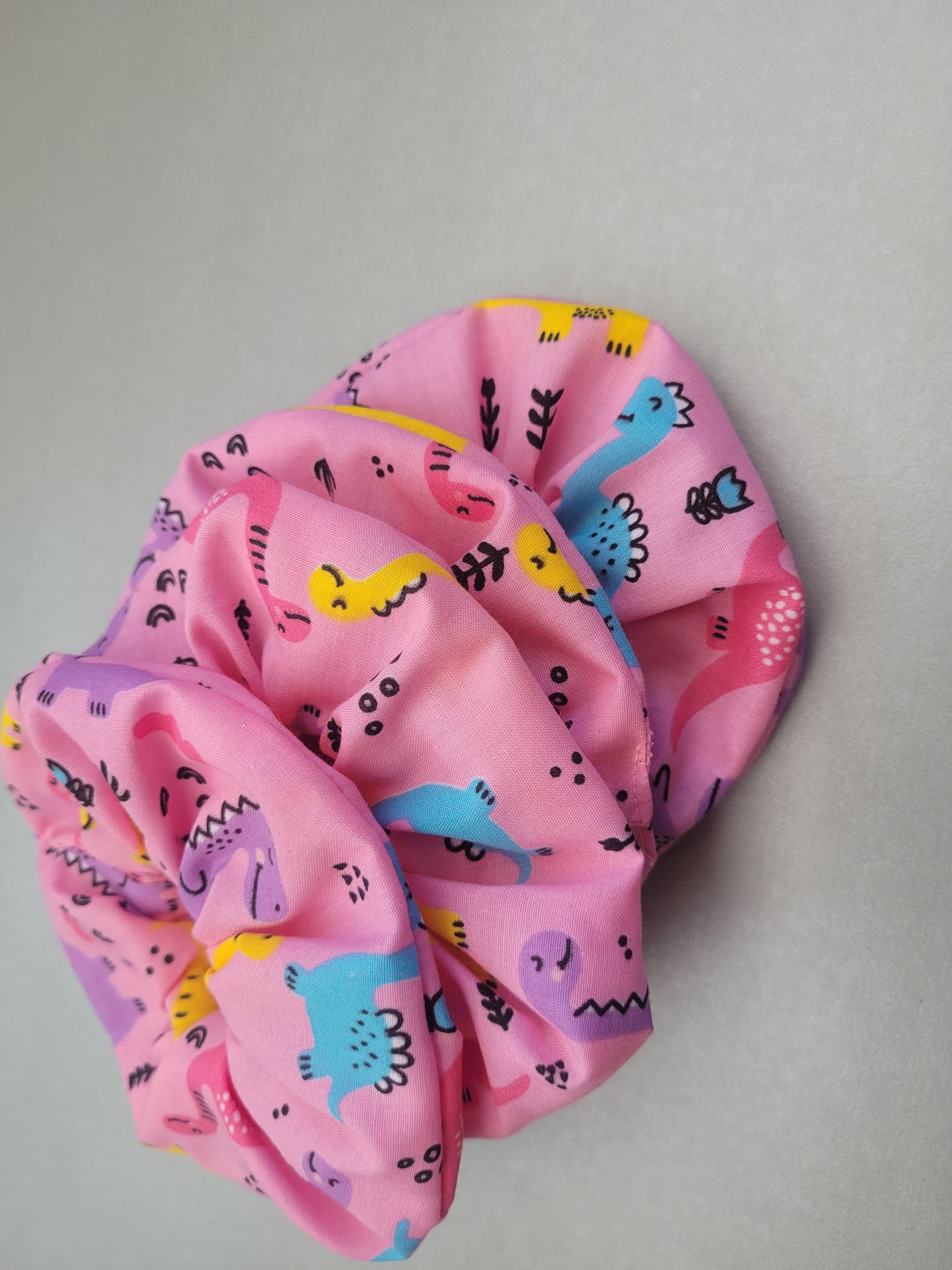 Pink Dinosaur pattern large scrunchie, Dinosaur themed elasticated hair accessory, funky dinosaurs for girls