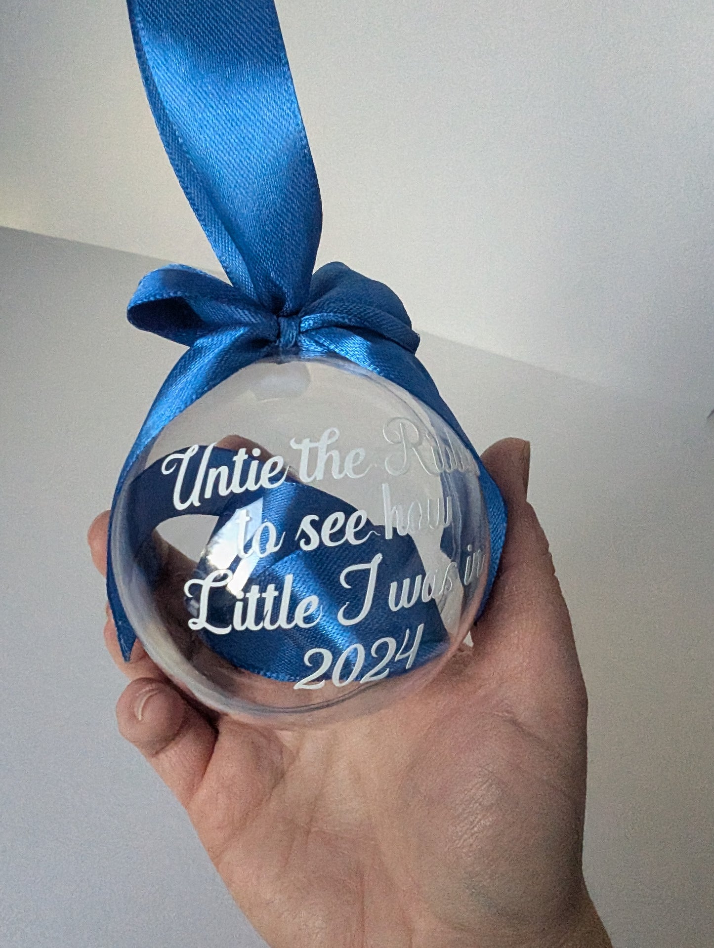 Untie the ribbon to see how little I was in 2024, measure me ribbon, Christmas 2024 bauble, baby bauble 2024