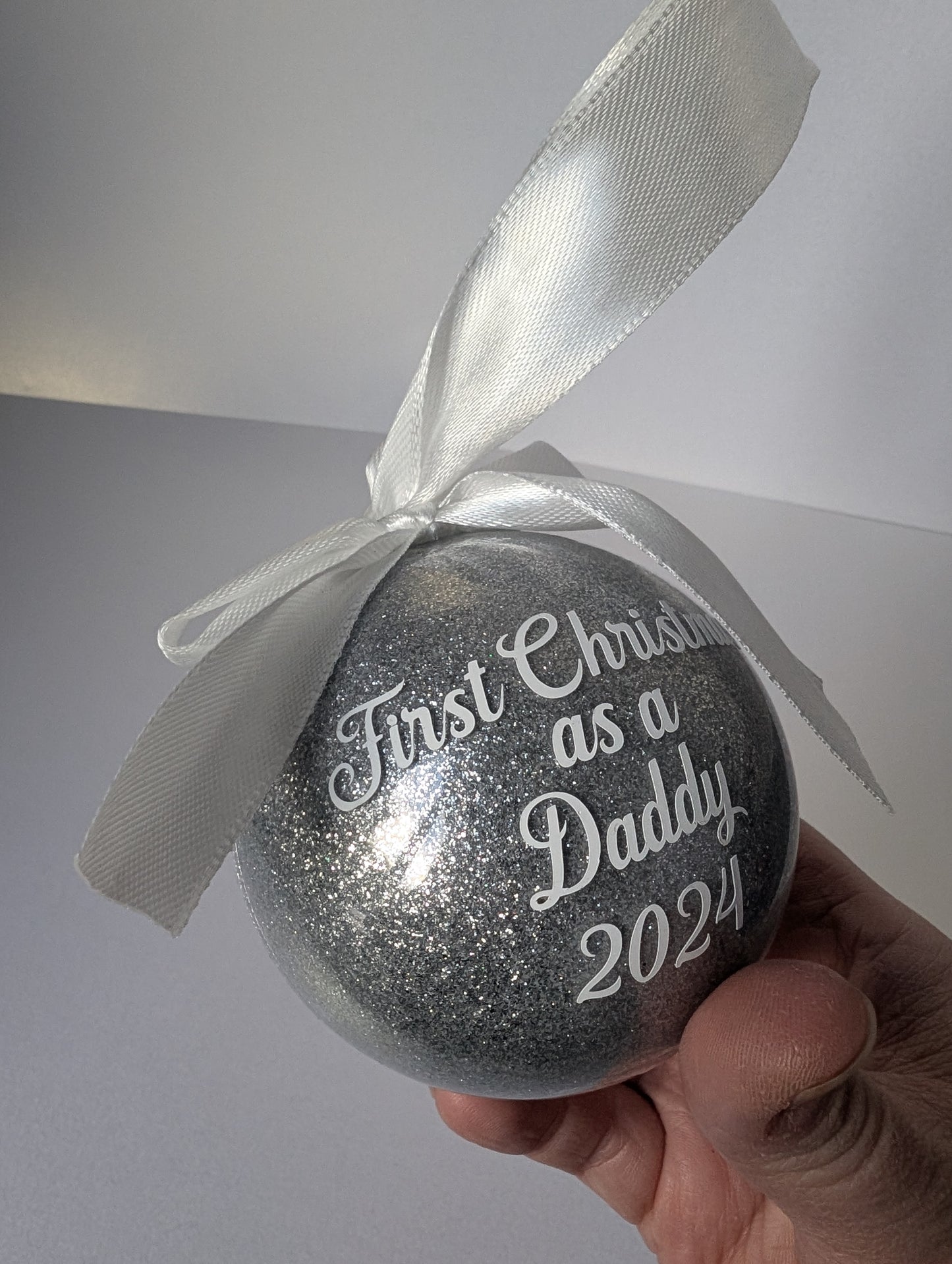 Handmade Christmas Bauble 2024, Glitter Bauble which can be personalised with any name, First Christmas as Mummy/Daddy/Grandad/Nanny