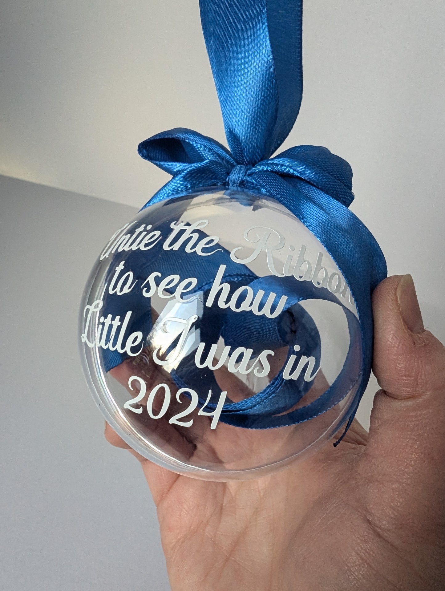 Untie the ribbon to see how little I was in 2024, measure me ribbon, Christmas 2024 bauble, baby bauble 2024