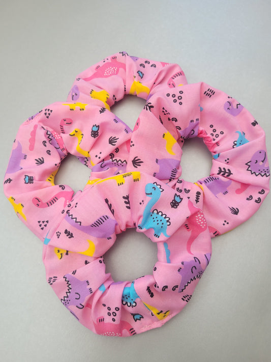 Pink Dinosaur pattern large scrunchie, Dinosaur themed elasticated hair accessory, funky dinosaurs for girls