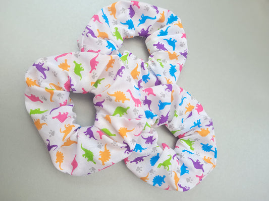 Rainbow Dinosaur pattern large scrunchie, Dinosaur themed elasticated hair accessory, funky dinosaurs for girls