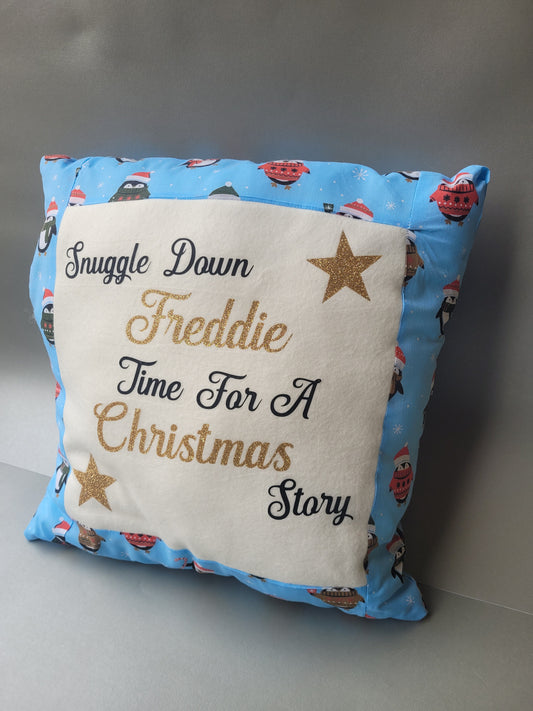 Christmas story time pillow, personalised Christmas Pillow for family story time, pocket pillow, penguin/cat and dogs/snowmen Christmas pillow