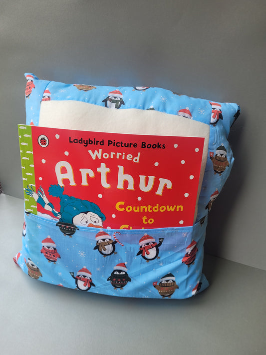 Christmas story time pillow, personalised Christmas Pillow for family story time, pocket pillow, penguin/cat and dogs/snowmen Christmas pillow