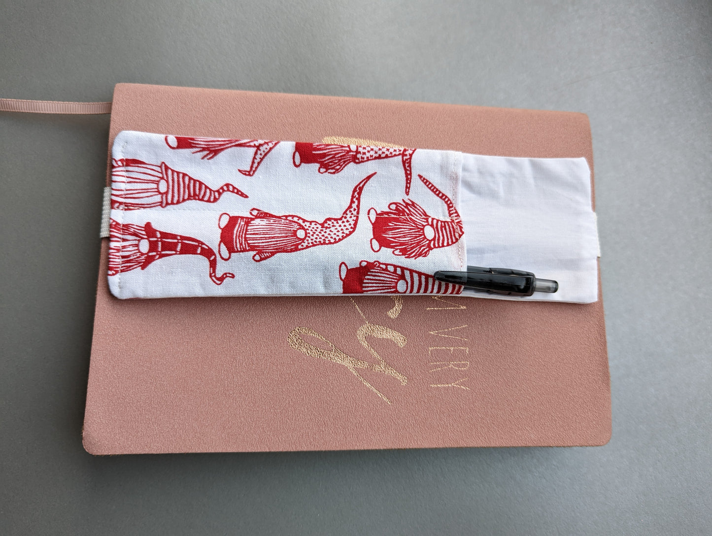 Red Pen Pouch, fits over A5 notebook, red gonk print, stocking filler, never lose a pen again as it will always be with your notebook