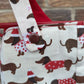 Sausage Dog Christmas Dungarees, Cream and Red Kids Dungarees, handmade dungarees, Christmas clothing for kids, Christmas dungarees