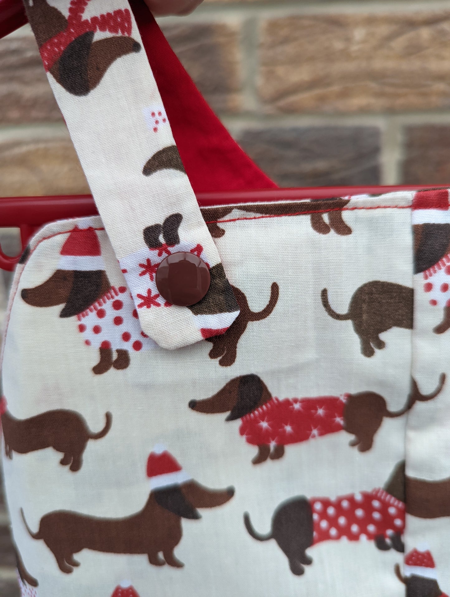 Sausage Dog Christmas Dungarees, Cream and Red Kids Dungarees, handmade dungarees, Christmas clothing for kids, Christmas dungarees