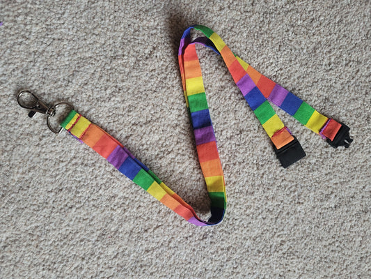 Rainbow Thin Lanyard with safety clip and clasp, perfect for festivals, conventions or work, to hold keys or an ID card