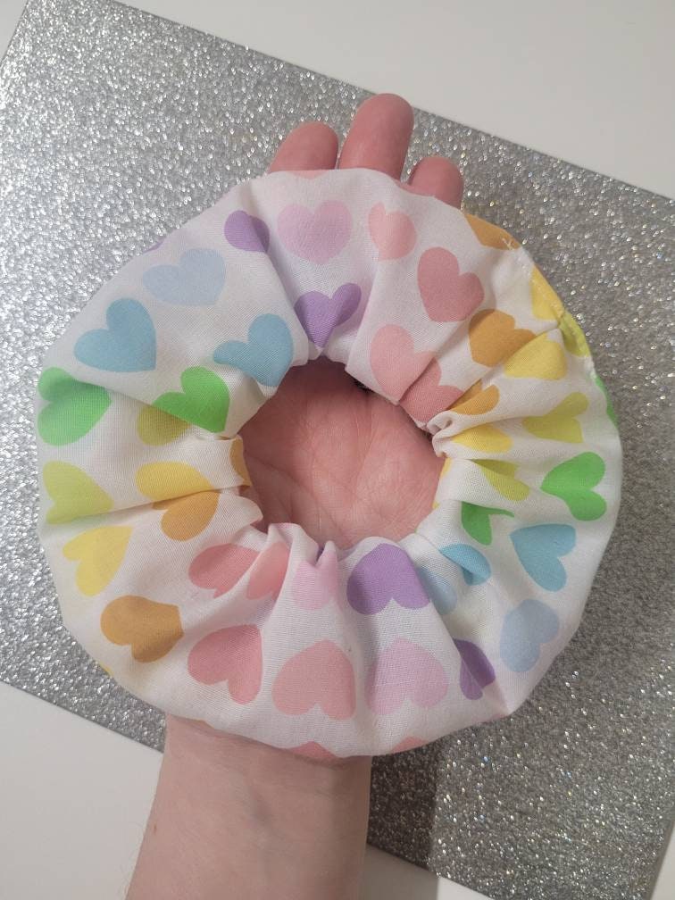 White and Rainbow Heart pattern large scrunchie