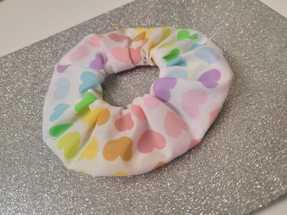 White and Rainbow Heart pattern large scrunchie