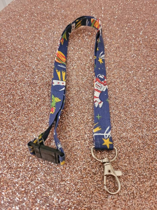 Space themed thin lanyard with safety clip and clasp for badge/keys, polycotton, perfect for festivals, conventions or work ID