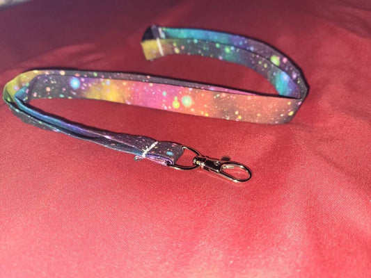 Space Galaxy themed thin lanyard with safety clip and clasp for badge/keys, polycotton material, perfect for festivals, conventions or work ID