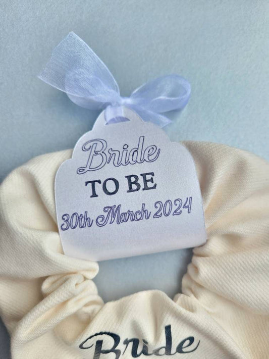 Bride Large Hair Scrunchie, Bride to be and date of wedding gift tag, Personalised Bridal gift, Hen party gift box