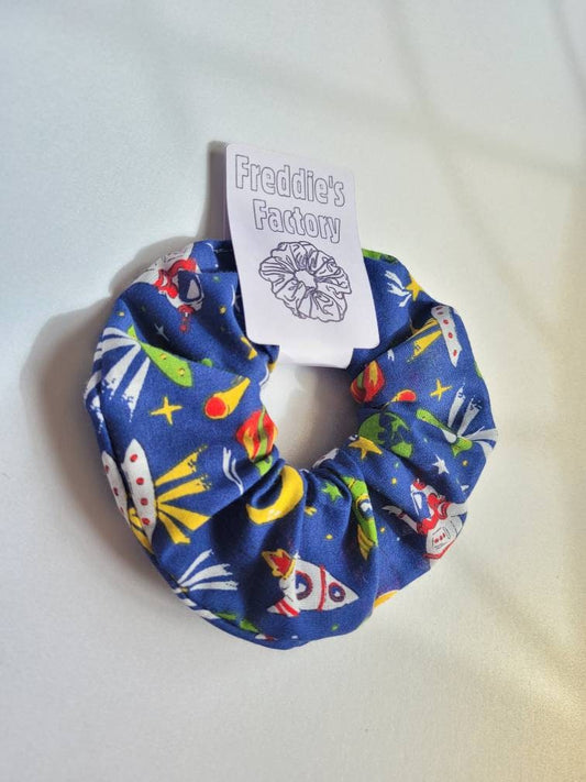 Royal Blue Space pattern large scrunchie, Astronaut, rocket, planet, star theme