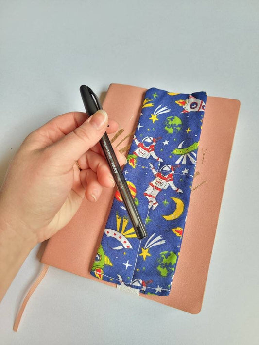 Space Theme Pen Pouch, fits over A5 notebook, Space print, elasticated strap, never lose a pen again as it will always be with your notebook