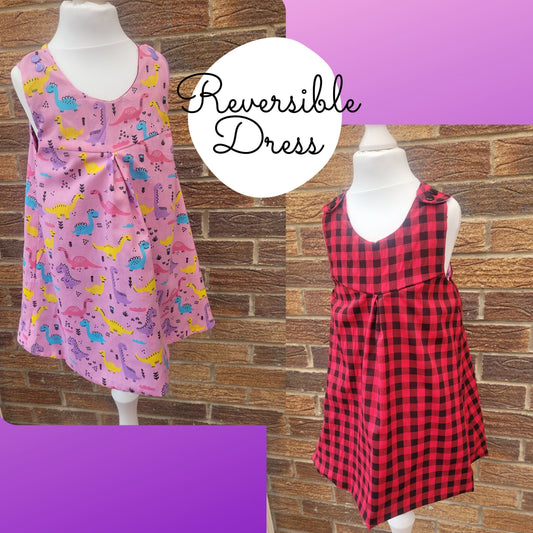 Reversible Pink Dinosaur Dress, Wedding Outfit Toddler, Baby Girl Summer Dress, A line dress, handmade to order in the UK, 2 outfits in 1