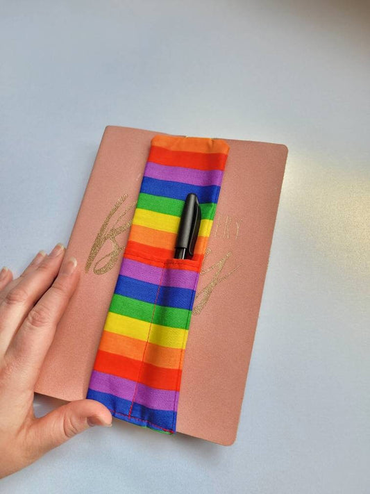 Rainbow Pen Pouch, fits over A5 notebook, Rainbow print, elasticated strap, never lose a pen again as it will always be with your notebook