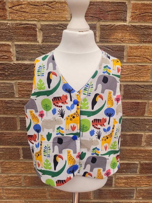 Reversible Waistcoat, Jungle Print and Electric Blue waistcoat, unisex reversible waistcoat, wedding outfit baby boy
